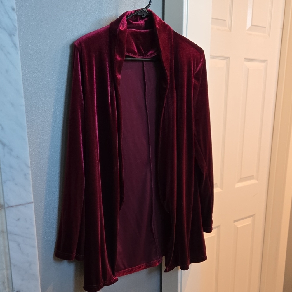 Velvet Open Front Cardigan in Rich Burgundy